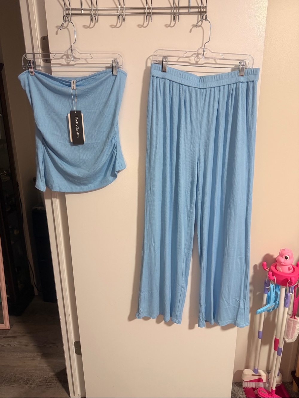 Light Blue Wide-Leg Pants & Strapless Top Set by PrettyGardens